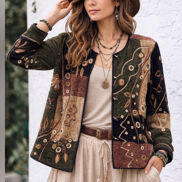 Indigo Moon Jackets & Blazers - Indigo Moon Embroidered Jacket Metallic Medium Gold Leaves Button Down Lined